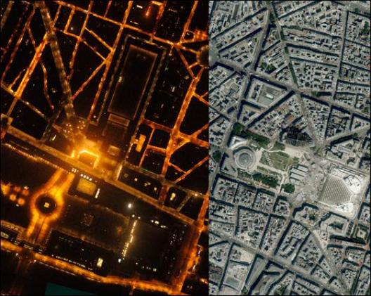 Extrait de la cartographie aérienne des éclairages extérieurs de la ville de Paris et superposée à la photo-aérienne (source : Mairie de Paris ) »