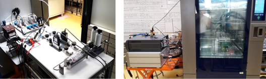 Vue du système d’injection de l’air humide et de l’air sec en amont de l’enceinte thermostatée, et, vue de l’enceinte avec une chambre d’essai à l’intérieur et un hygromètre à condensation en sortie d’enceinte